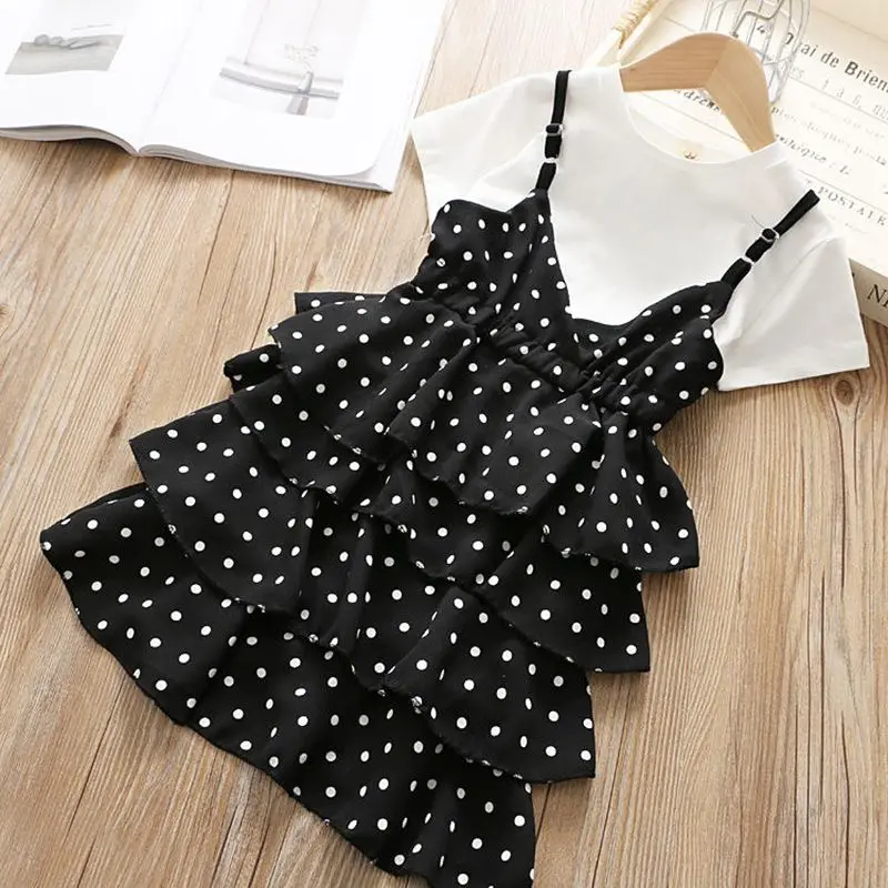 Girls Summer Sets 2023 New Korean Children's Set Dresses Fashion Summer Wave Dot Strap Two Piece Set 3 4 5 9 10 11 12 Years Old