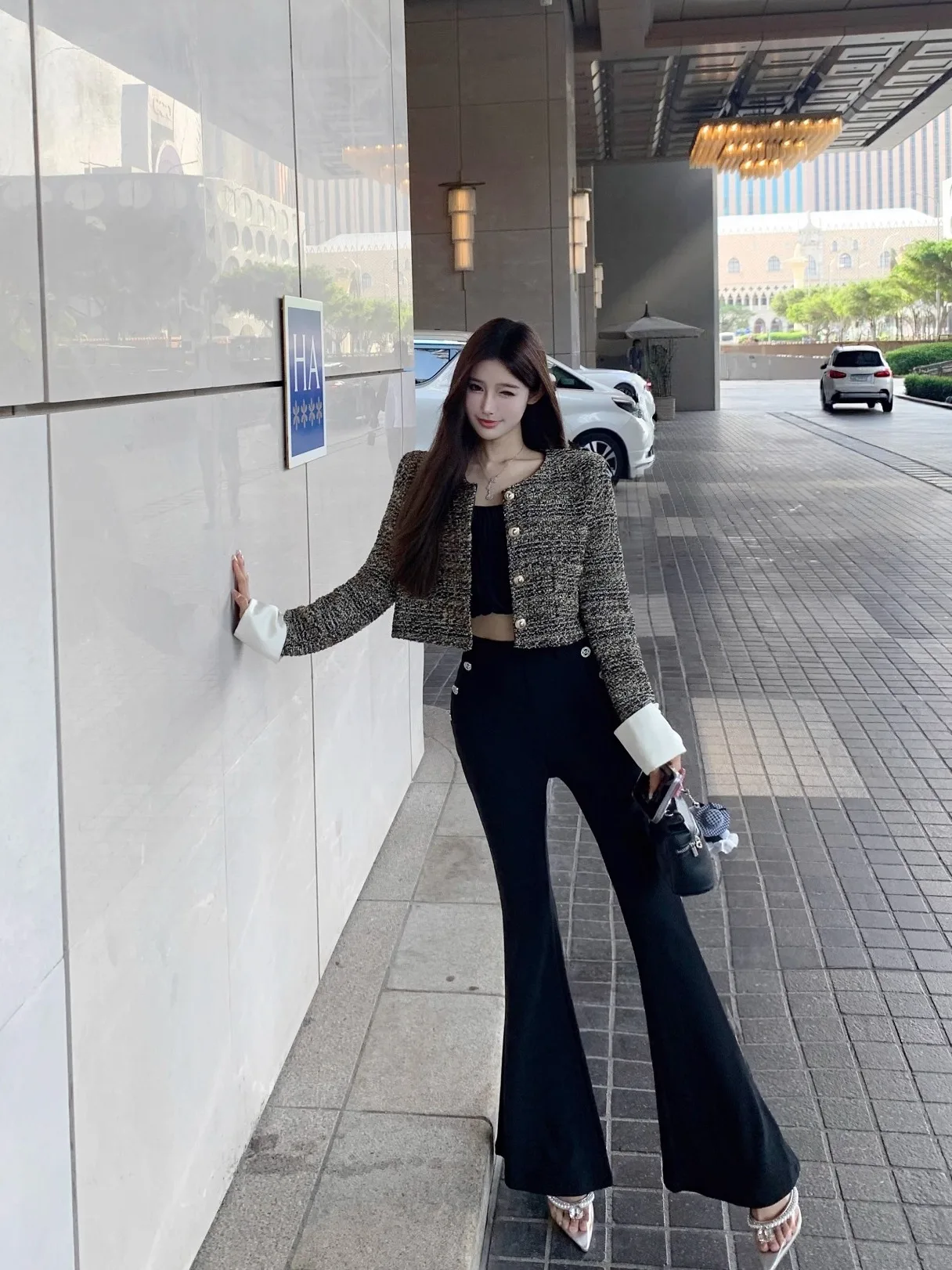 ルナ020新作ラグジュアリースタイルカラーブロックショートコート レディース エレガント シャンフォン アウターウェア ボタン留め 長袖 ラウンドネック