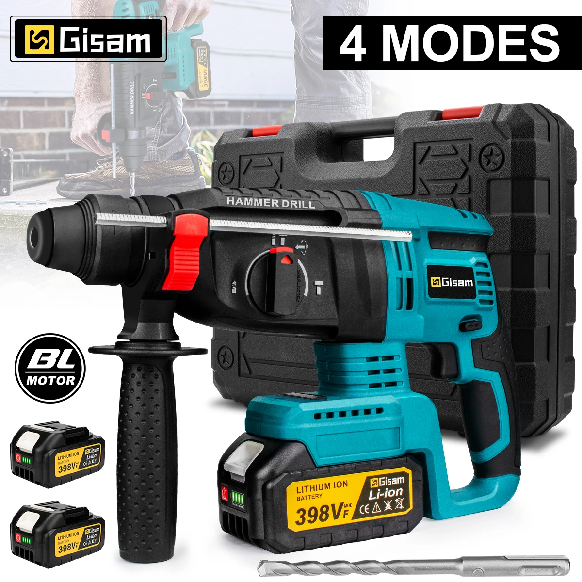 Gisam 26MM Bürstenloser Elektrischer Bohrhammer 360 °   Rotierender 4-Modus Akku-Schlagbohrschrauber Multifunktionales Elektrowerkzeug für Makita 18V Akku