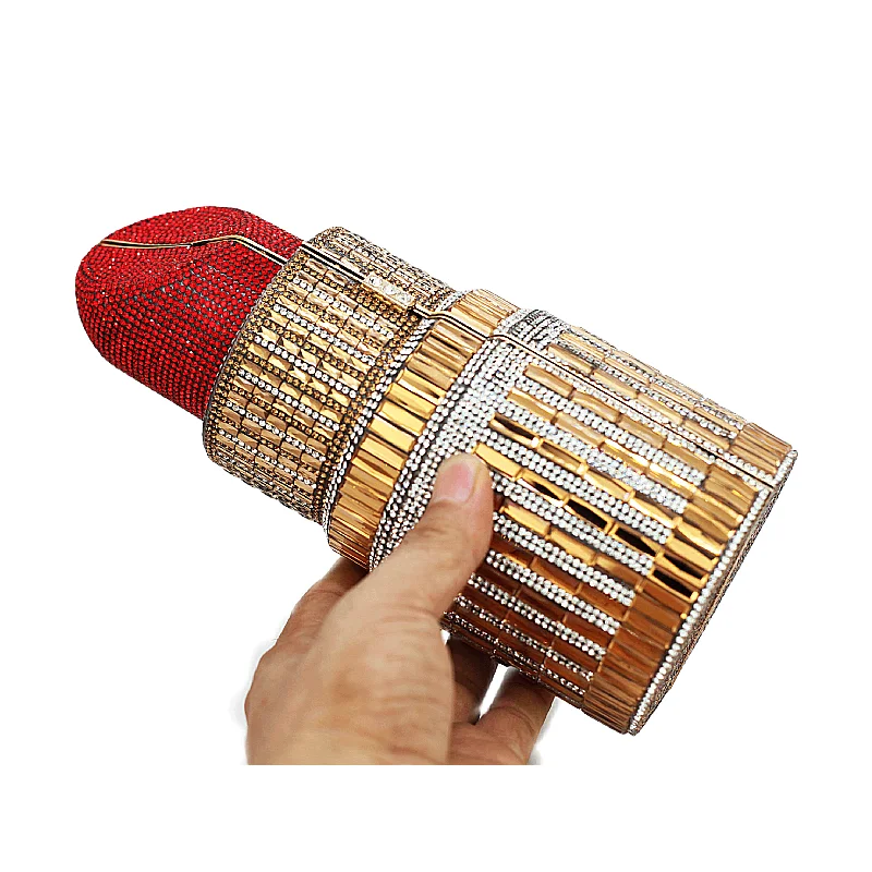 Chaliwini Lipstick Shaped Crystal Evening Clutch Bags Women Luxury Boutique Silver Purses And Handbags Designer Wedding party