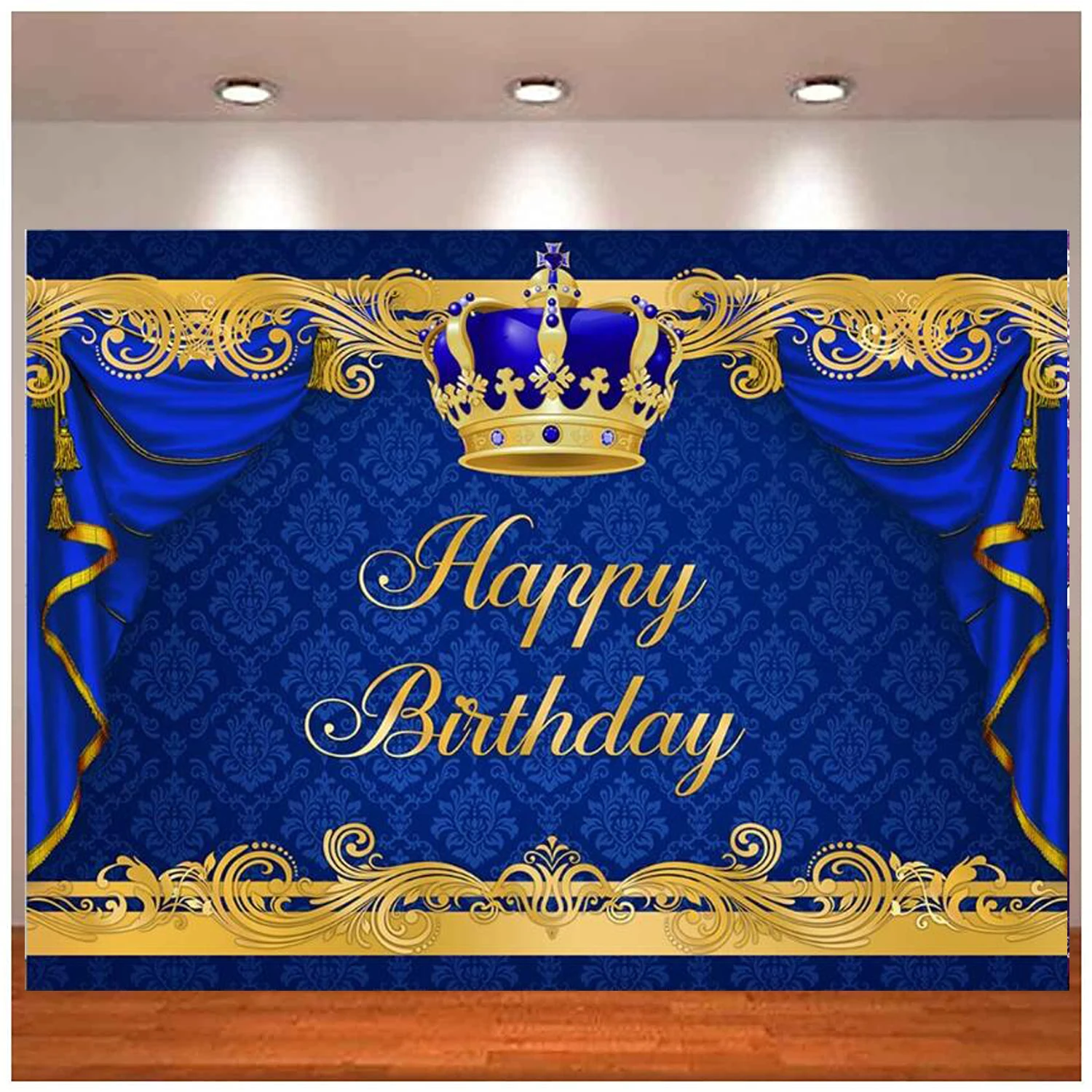 Royal Blue And Gold Happy Birthday Photography Backdrop Crown Adluts Men Boy Bday Background Banner Party Decoration Cake Table