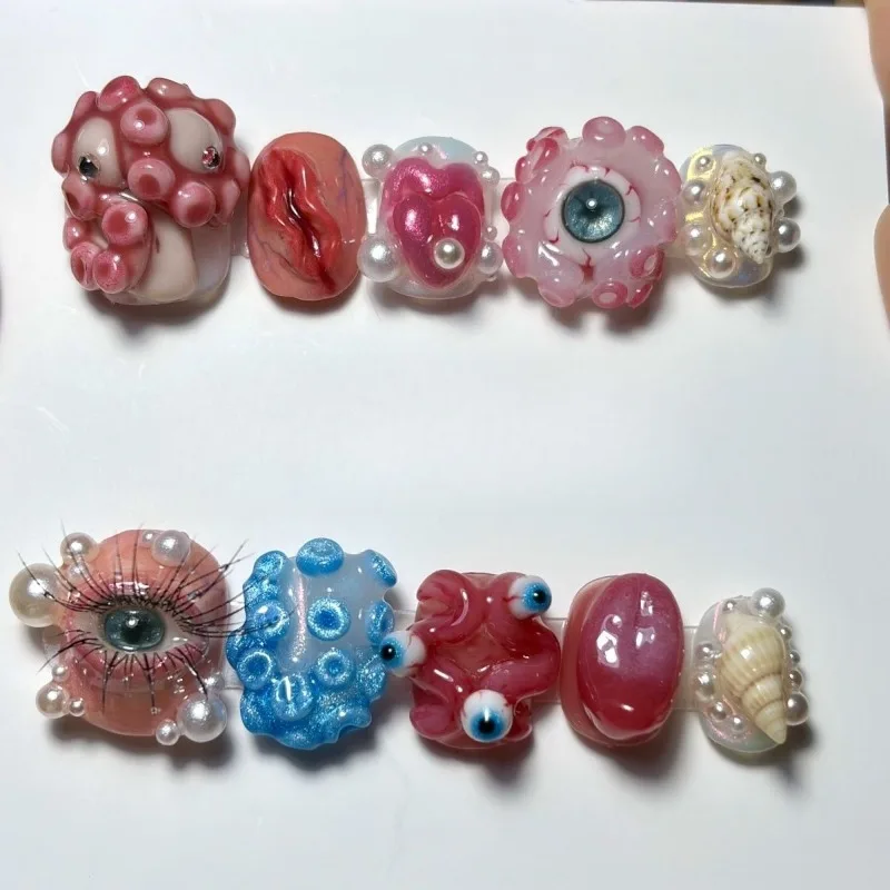 Handmade 3D Octopus False Nail Tips,Dark Sweet Cool Detachable Press on Nails, Weird Alien Design Nail Art for Party Daily Decor