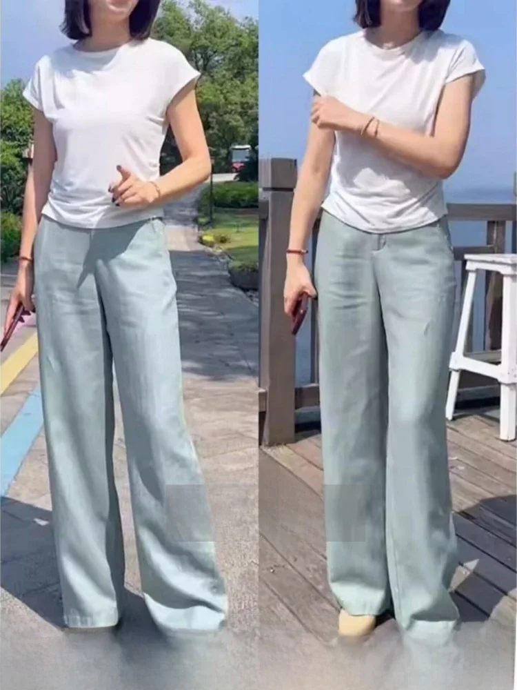 

High Waist Wide Leg Pants Women's Thin Ice Silk Casual Straight Sun Protection Pants Commute Style Pure Color Korean Version