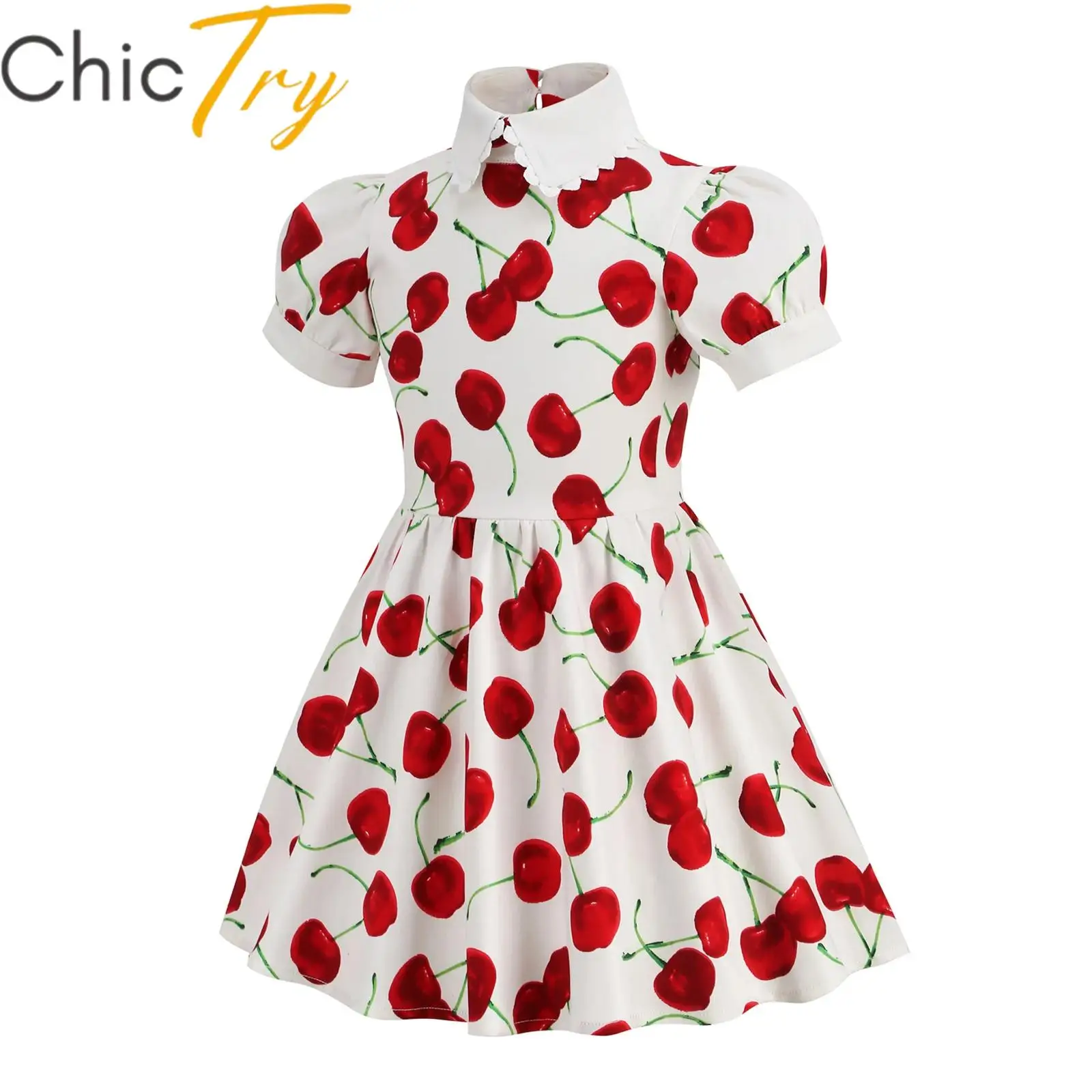 

Kids Girls 1950s Retro Dress Turn-down Collar Short Sleeve Dress Cherry Print Vintage Dress Summer Holiday Themed Party Dress Up