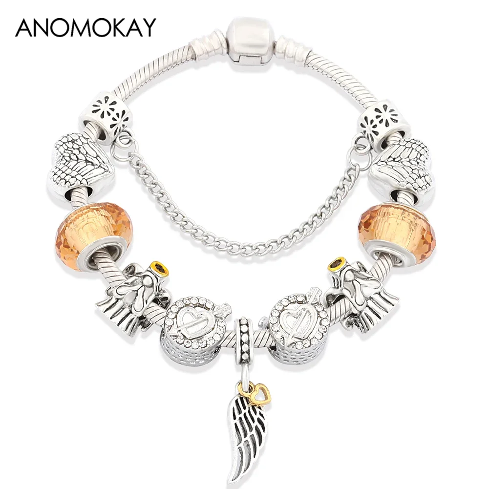 Gold Color Angle Wings Charm Bracelets Silver Plated Arrow Heart Pendant Bead Bracelet as Xmas Gift