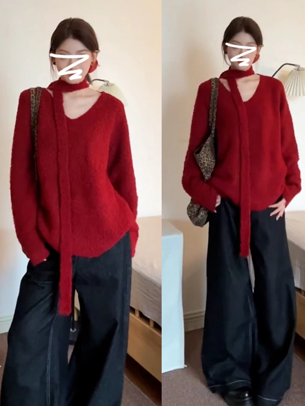 

Красный свободный трикотаж с v-образным вырезом, ленивый элитный зимний новый длинный топ све, удобное повседневное пальто для женщин, осенне-зимний сезон