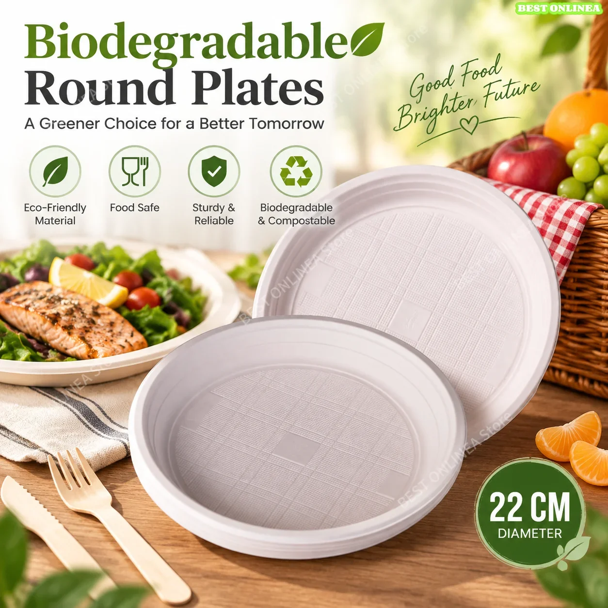 Piatti rotondi usa e getta da 22 cm, biodegradabili, ecologici, compostabili