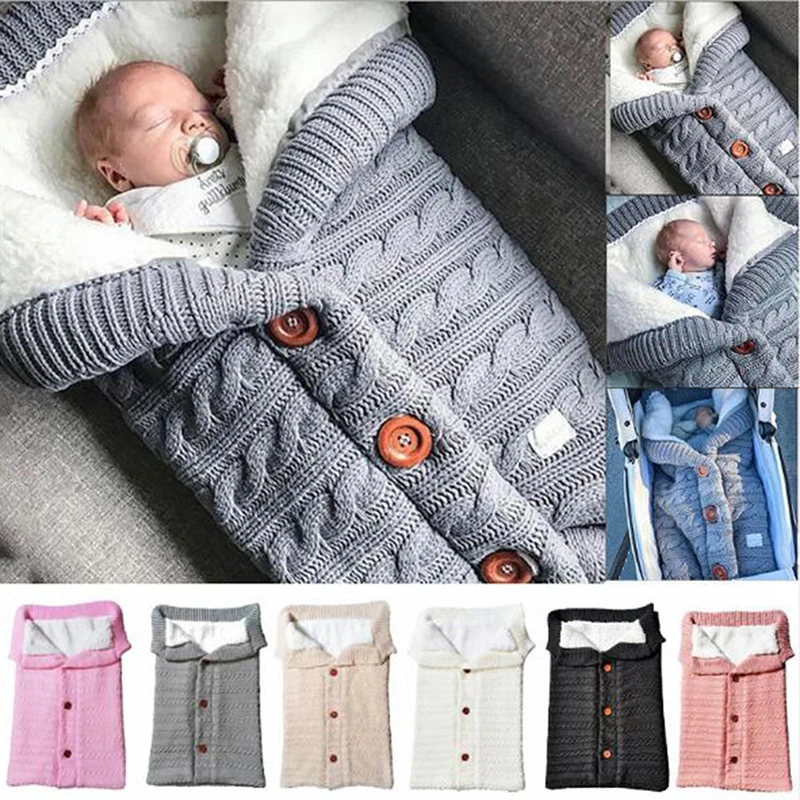 Newborn Baby Winter Stroller Sleeping Bags Infant Outdoor Button Knit Warm Swaddle Wrap Toddler Thick Blanket Baby Sleeping Bag