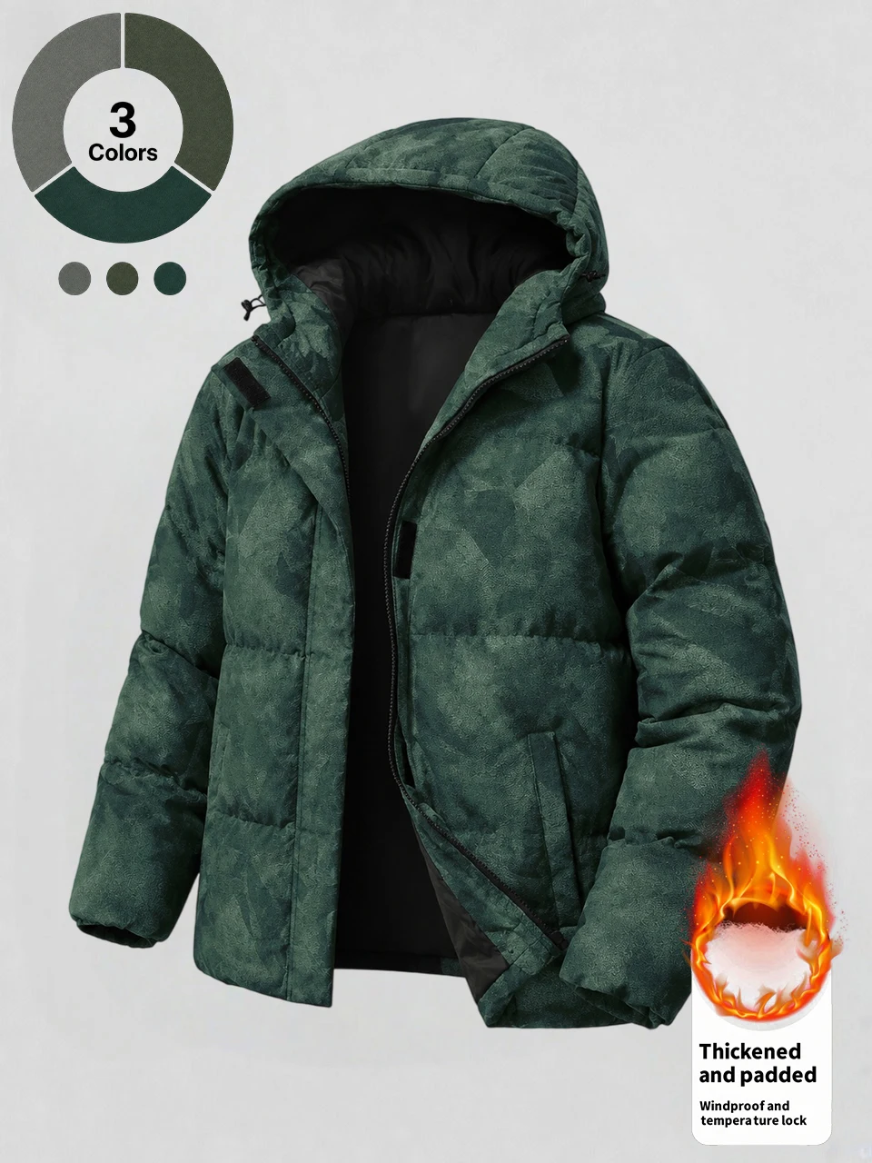 Autumn Winter Men Camo Hooded Padded Jacket, Dark Camouflage Fabric, Adjustable Hood Drawstring, Zipper & Velcro Placket, Thick Filling Windproof Warm, Loose Fit, Multiple Colors Outdoor Casual Coat