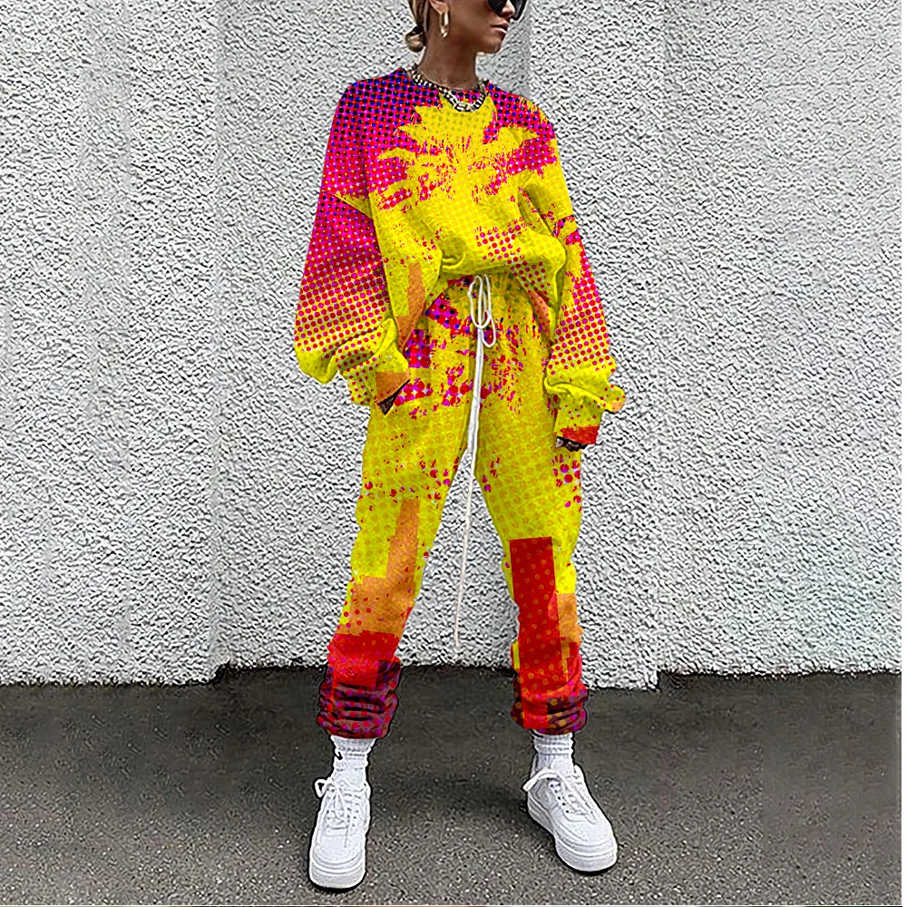 Women Tracksuit Pop Art Print 2 Piece Outfit Sweatshirt+Straight Sweatpants Matching Set Fitness Sporty Streetwear