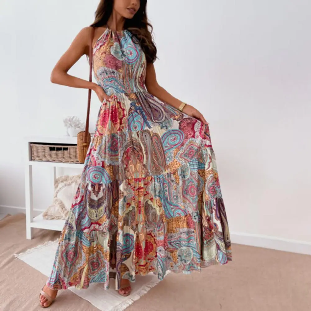 Contrast Color Female Dresses Elegant Loose Summer 2024 Beach Women’s Long Dress High Waist Sleeveless New Fashion Midi Length