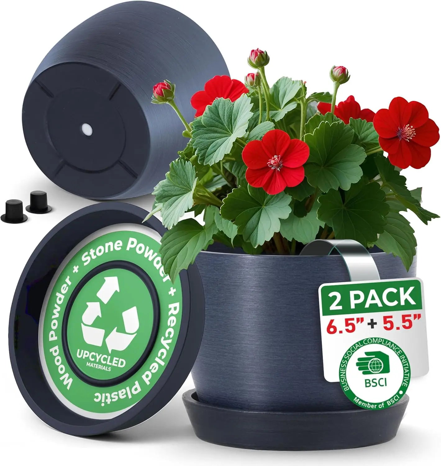 

UNBREAKABLE Plant Pots Set of 2, Advanced Eco-Poly Planters with Drainage & Saucers, 6.5" + 5.5" Plastic Pots - Designer