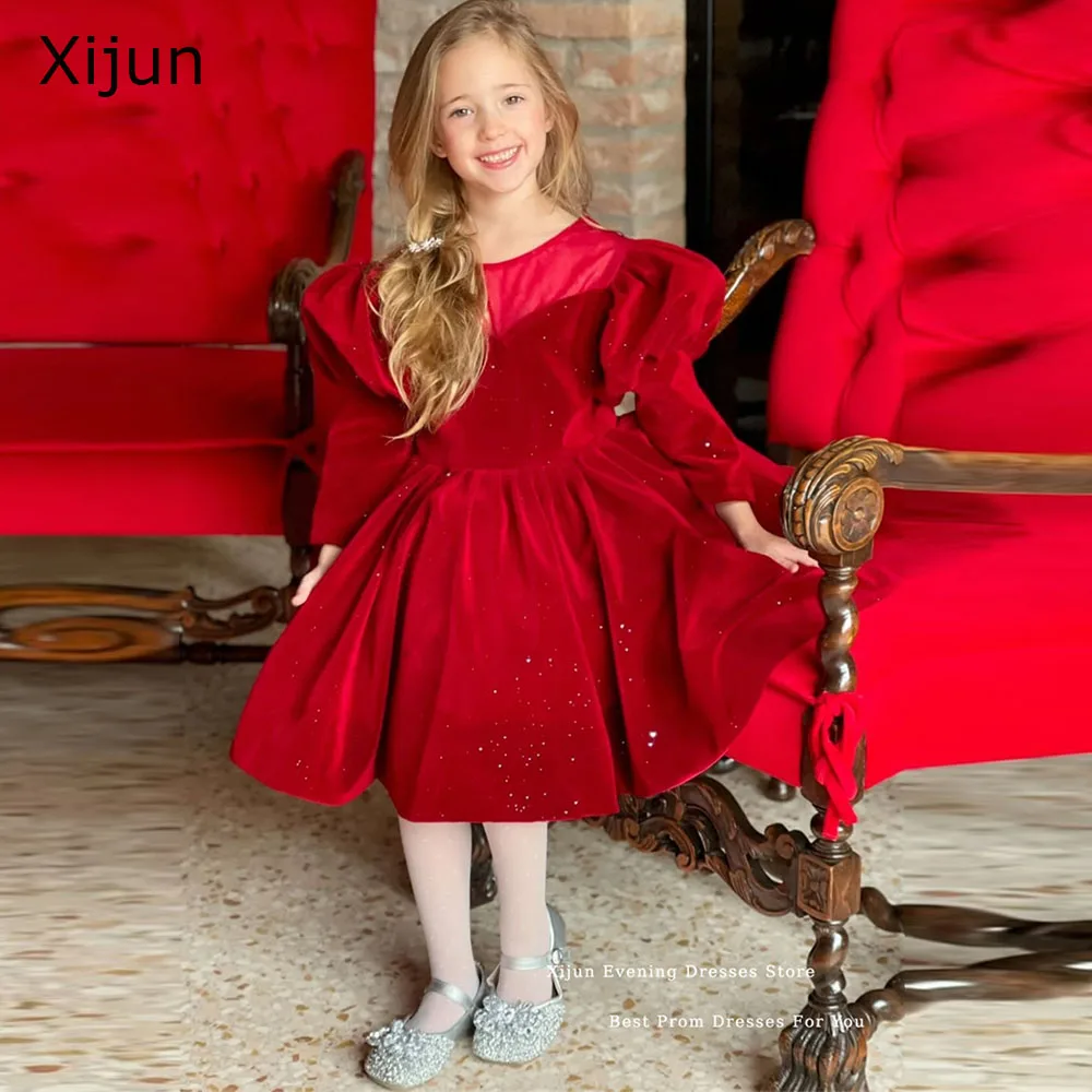 xijun-princess-red-velvet-flower-girl-dresses-puff-sleeves-bow-back-birthday-dresses-pearls-a-line-wedding-party-dress-customize