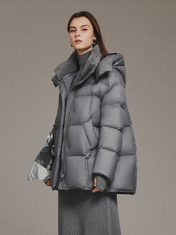 Winter Detachable Mid-length Hooded Down Jacket Women White Duck Down Zipper Outwears Female Lamb Wool Splicing Parker Jacket