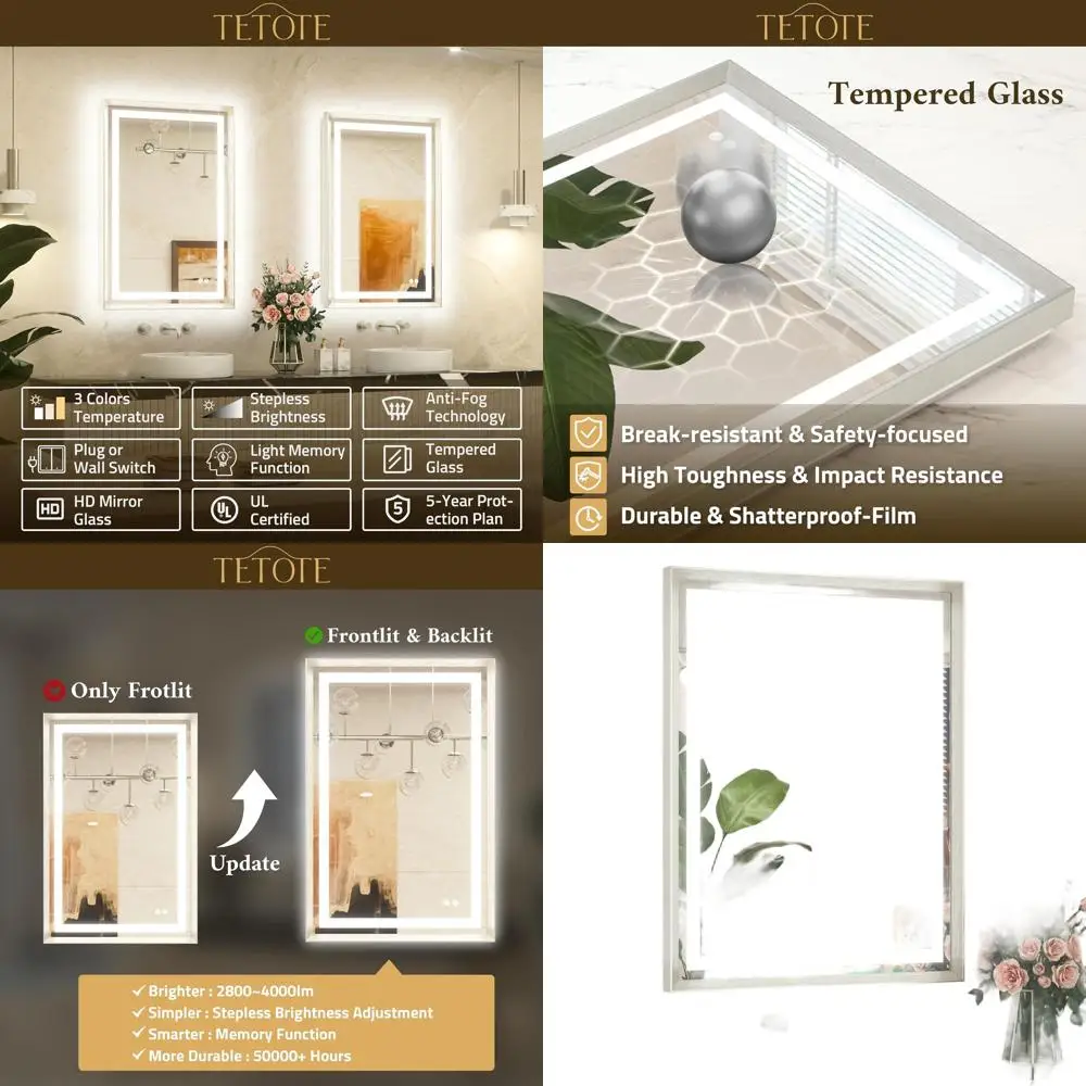 

36 Wall-Mounted LED Vanity Mirror with Brushed Nickel Frame, Front & Back Lighting, Anti-Fog, Dimmable 3-Color Light