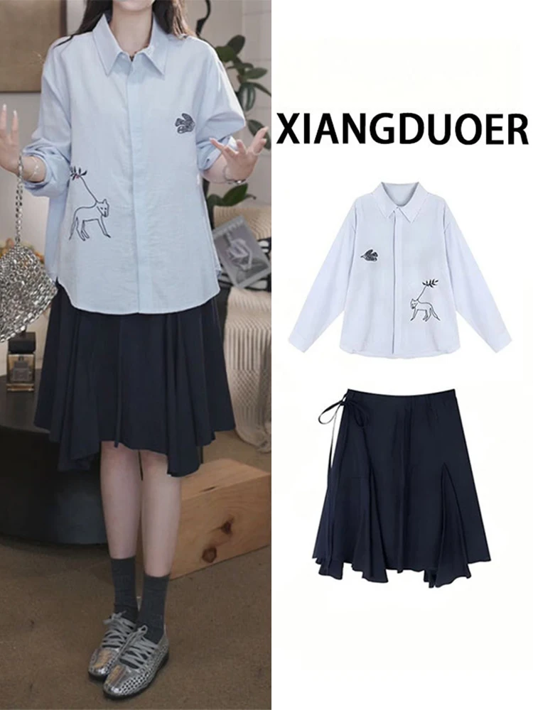 

Faionable Blue Collar irt And High Waist Skirt Set for Women Spring 2026 Casual Ele Two-Piece Suit