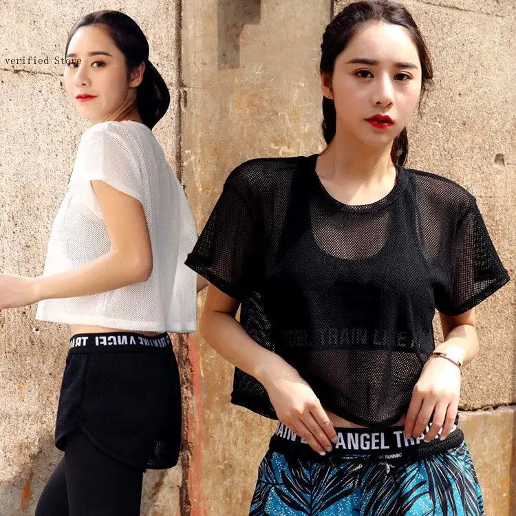 Summer Sports Fitness Thin Hoodie Back Hollow Sexy Yoga Beauty Back Short Sleeve Mesh T-Shirt for Women