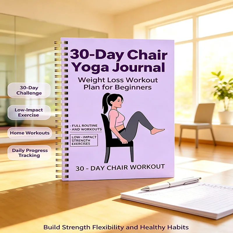 Journal de perte de poids Yoga en siège en 30 jours, Guide d'entraînement à faible impact avec plan repas et suivi de progression pour la maison et la salle de sport