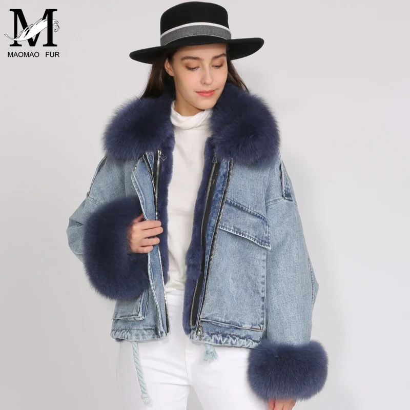 2019 Winter New Style Jacket with Real Fur High Quality Real Fur Parka Coat Woman Oversize Bat Sleeve Fox Fur Denim Coat