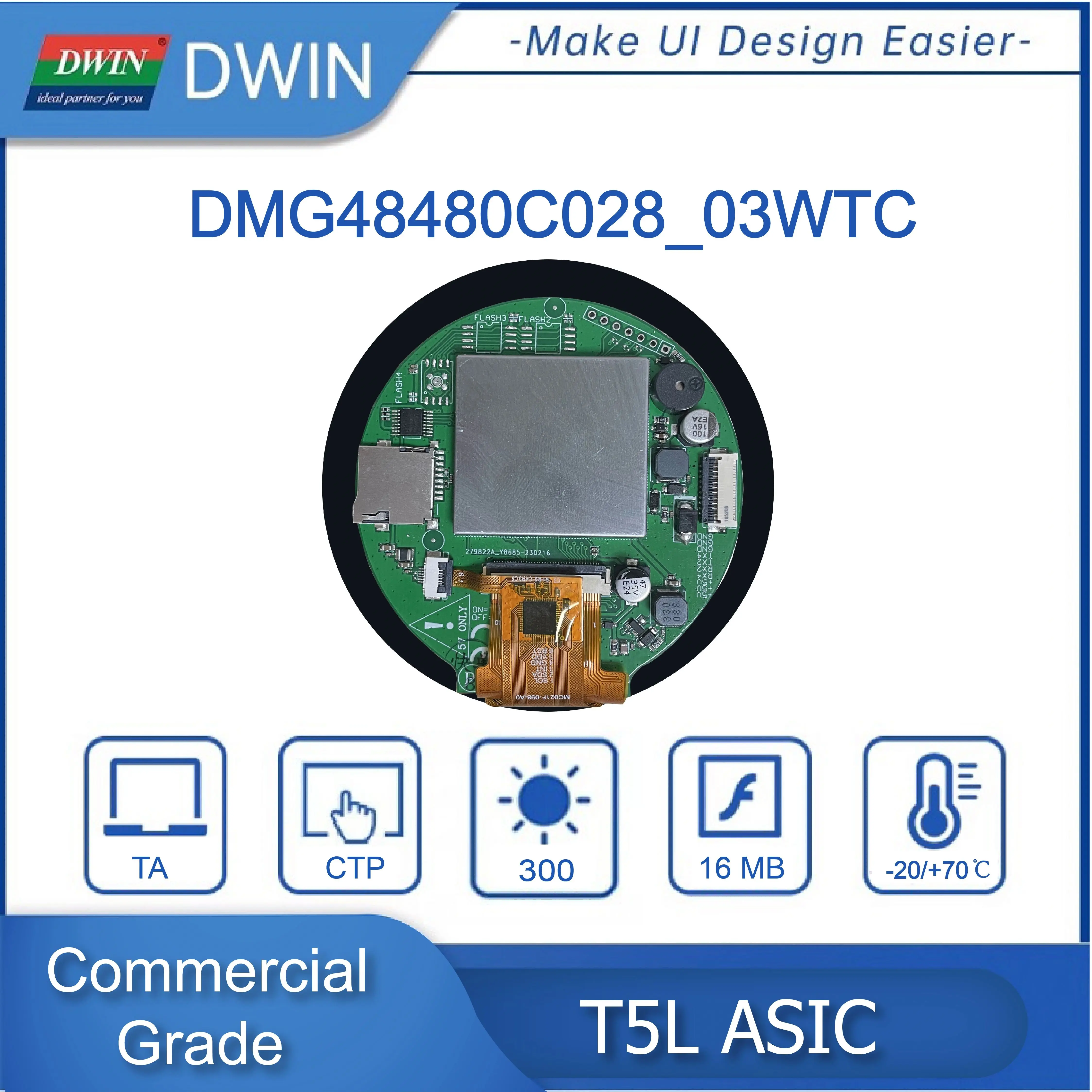 DWIN 2.8 Inch 480*480 Circular Smart Screen Commercial Grade IPS-TFT-LCD Full-laminated Capacitive Touch Panel DMG48480C028_03W