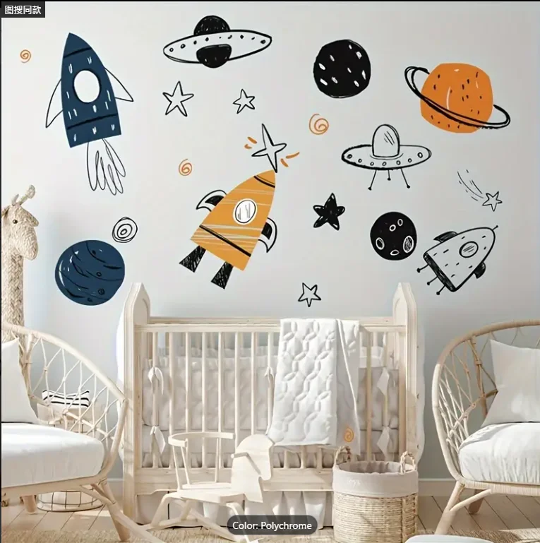 Large Outer Space  Astronaut Rocket Wall Stickers Playroom Kids Children Room Space Ship Planet Stars Wall Decals Bedroom Decor