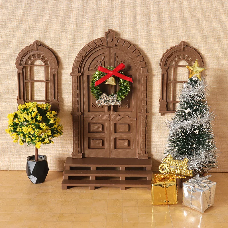 

1set Dollhouse Christmas Vintage Door Window Mini Entrance Decor Backdrop Wall Display Model Miniature Handmade DIY Decoration