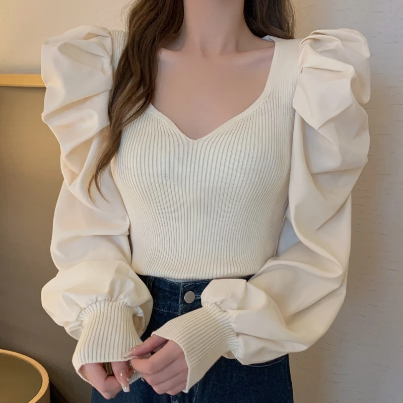 Pullovers Women Puff Sleeve Hotsweet Korean Style Popular New Fashion Classics Elegant Vintage Simple All-match Ladies Spring