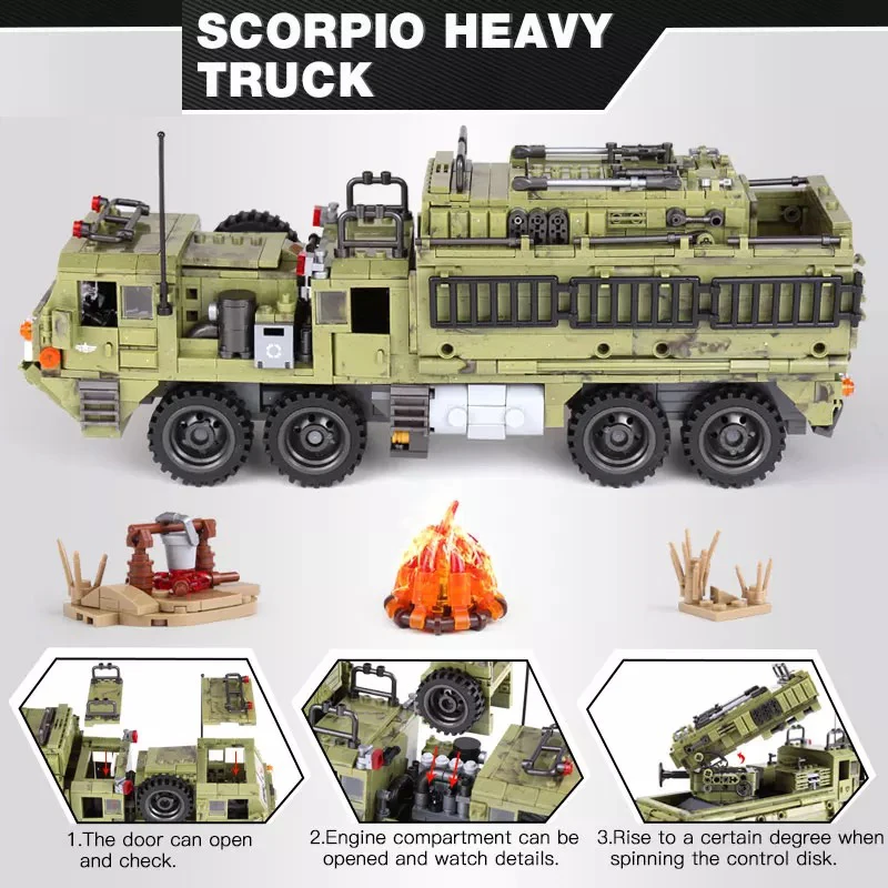 1377pcs City WW2 Military Scorpio Heavy Truck Bricks Model Technical MOC transport truck Soldier Building Blocks Toys For kids