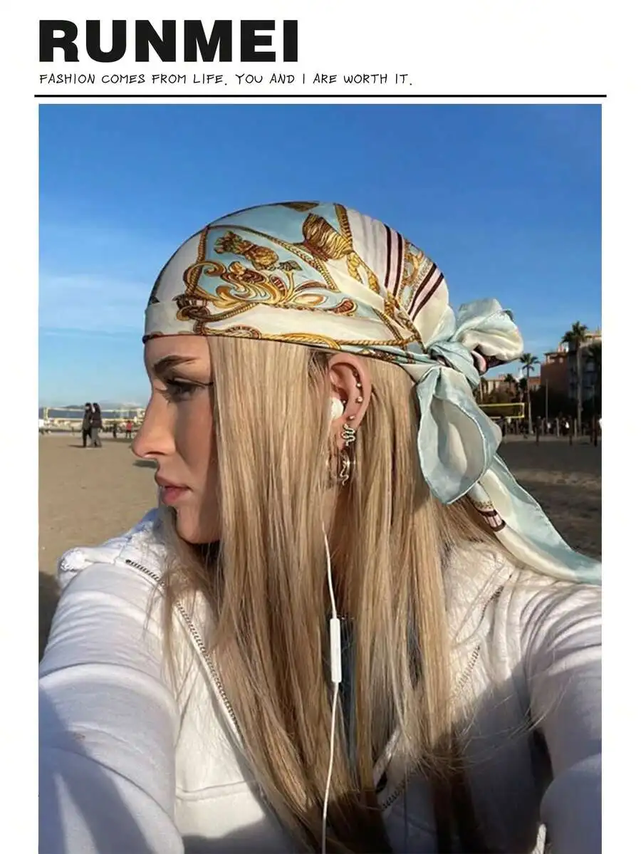 

1pc Minimalist Printed Satin Square Scarf, New Spring Fashion Headscarf For Women, Can Be Used As