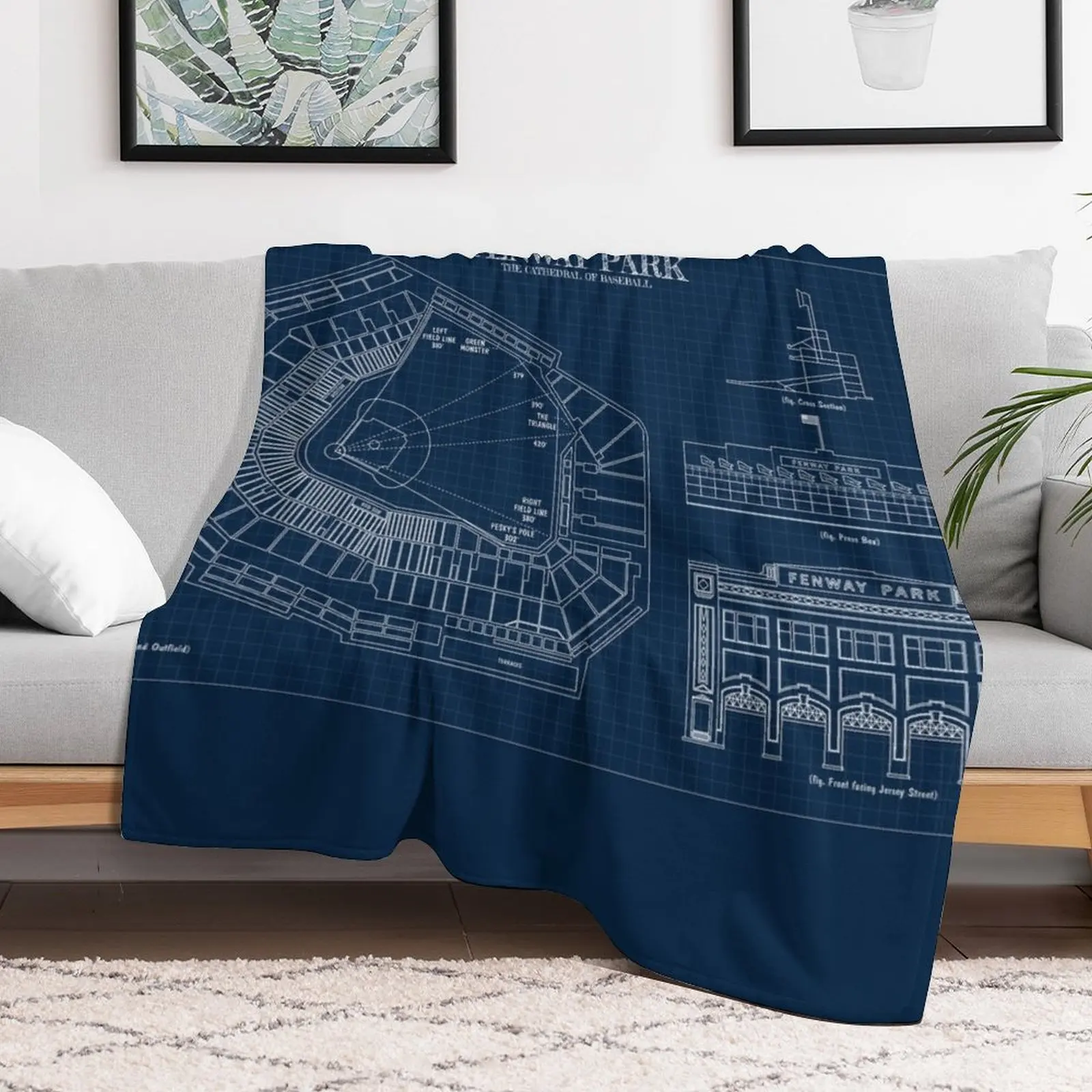 Fenway Park. The Cathedral of Baseball (Navy Blueprint) Throw Blanket Travel Size Cozy Blanket for Plane Train