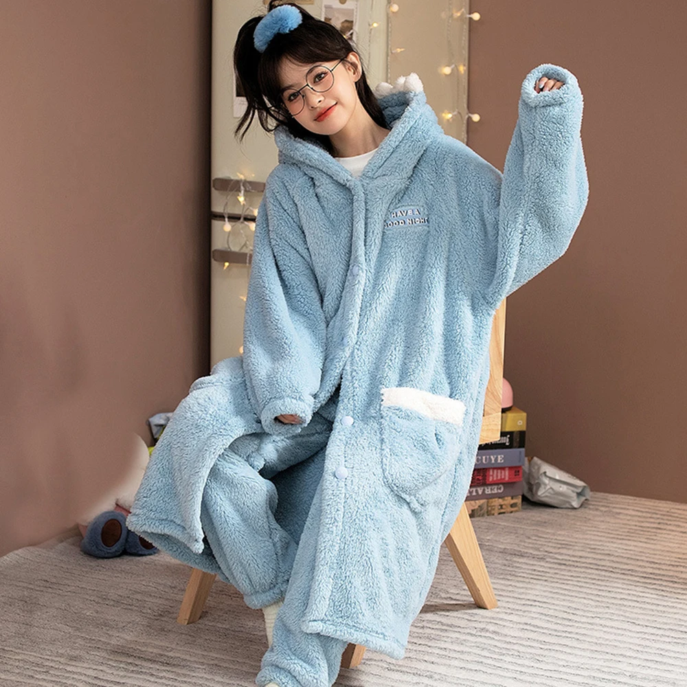 Lady's Winter Thin Nightgown Suit Length To Shank Polyester Warm Comfortable Blue Dink Leisure Wear With A Shark Hat - Image 4