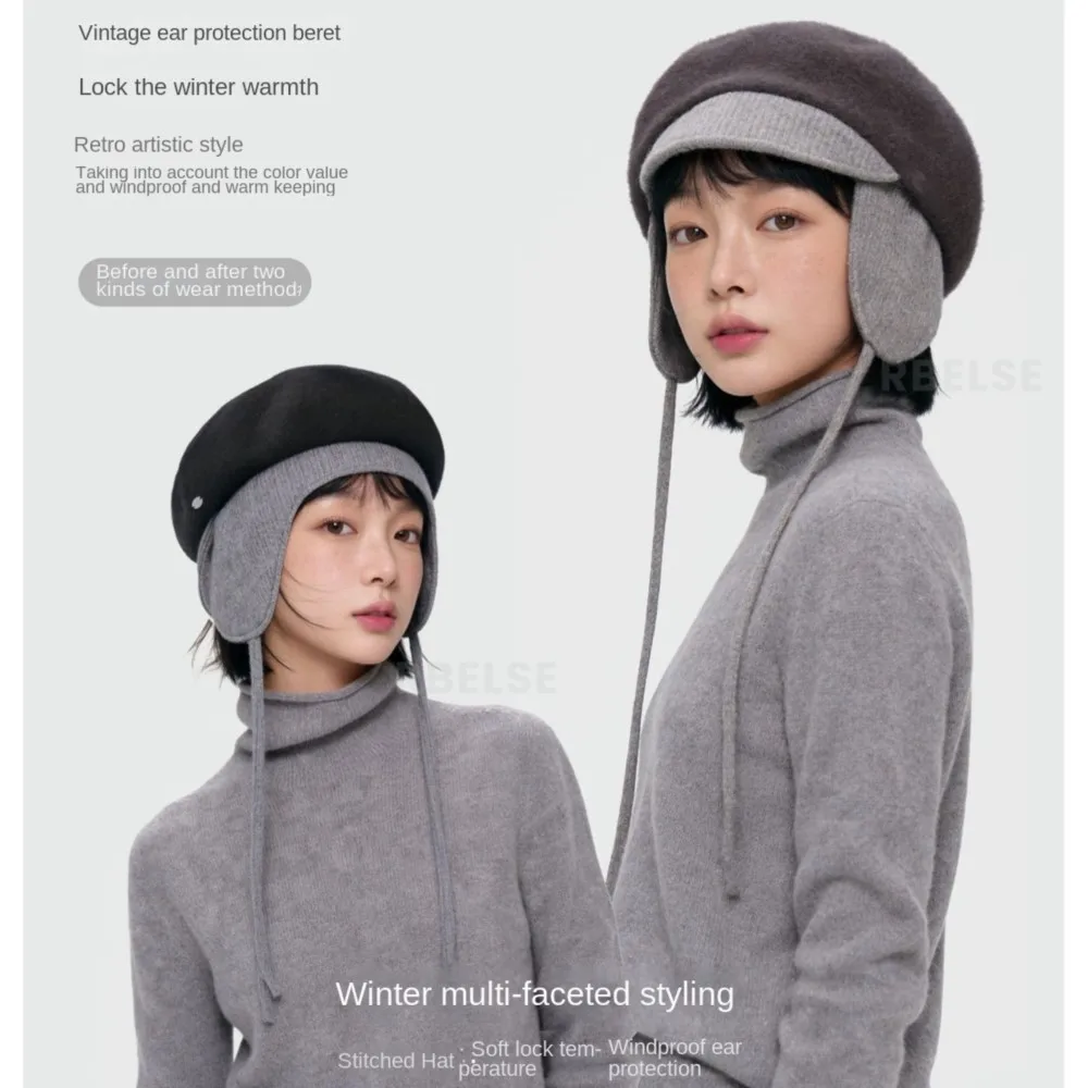 Ladies Vintage 20% Wool Beret Hat Ear Protection Flaps Knitted Strings Short Brim Outdoor Winter Warm Headwear