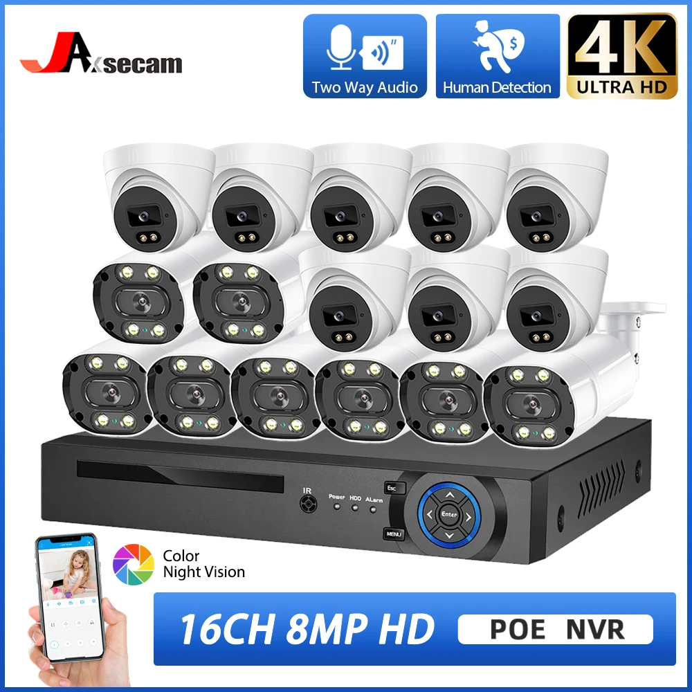 

16CH POE NVR 4K 8MP Wide-Angle CCTV Security Camera System 8MP Color Night Vision Two-Way Audio Camera Video Surveillance Set