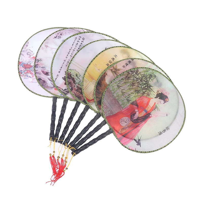 1 Pcs 22cm Round Hand Fan Chinese Style Vintage Printing Silk Circular fan Wedding Dance Accessory Random Style