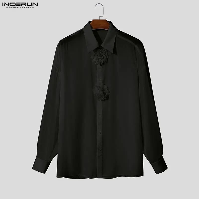 INCERUN Мужская рубашка Сетчатая прозрачная цветочная лацкана с длинным рукавом Мужская одежда Уличная одежда Свободные сексуальные модные длинные стильные рубашки Camisas
