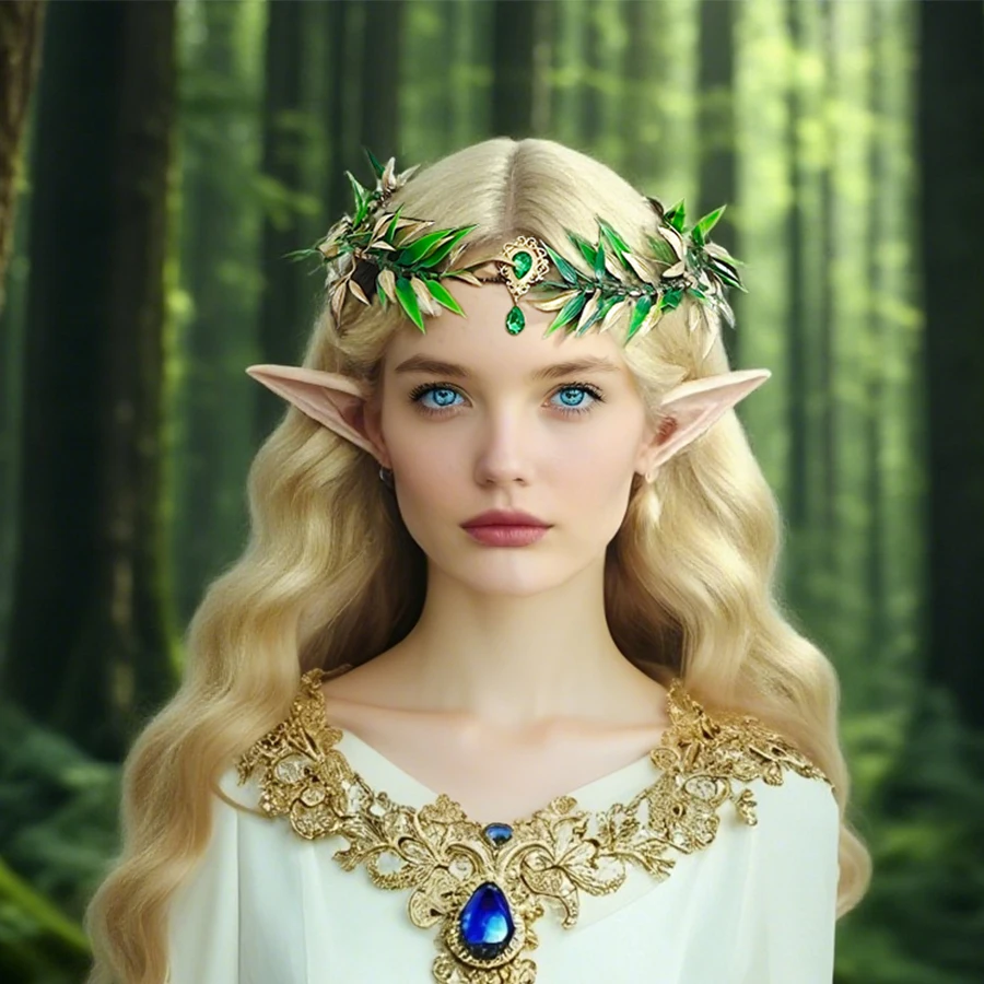 2-teiliges Halloween-Kostüm-Set, Dekoration, Pixie-Blattkranz, elegante Feen-Königin-Kostüm-Stirnbänder mit Elfenohren für Partys, Cosplay