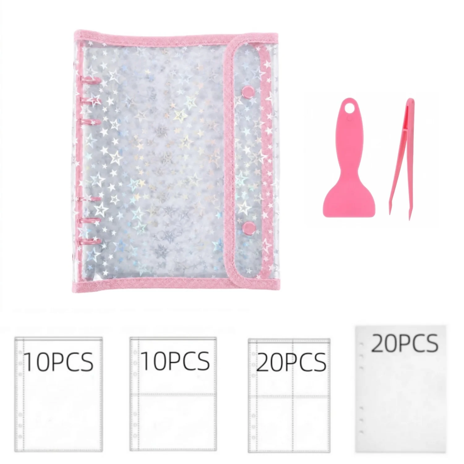 A5 Glitter Star Binder Clear Soft PVC Zipper Binders with 40 Sheet 3 Type Inner Pages Blank Release Paper Tweezers and Spatula