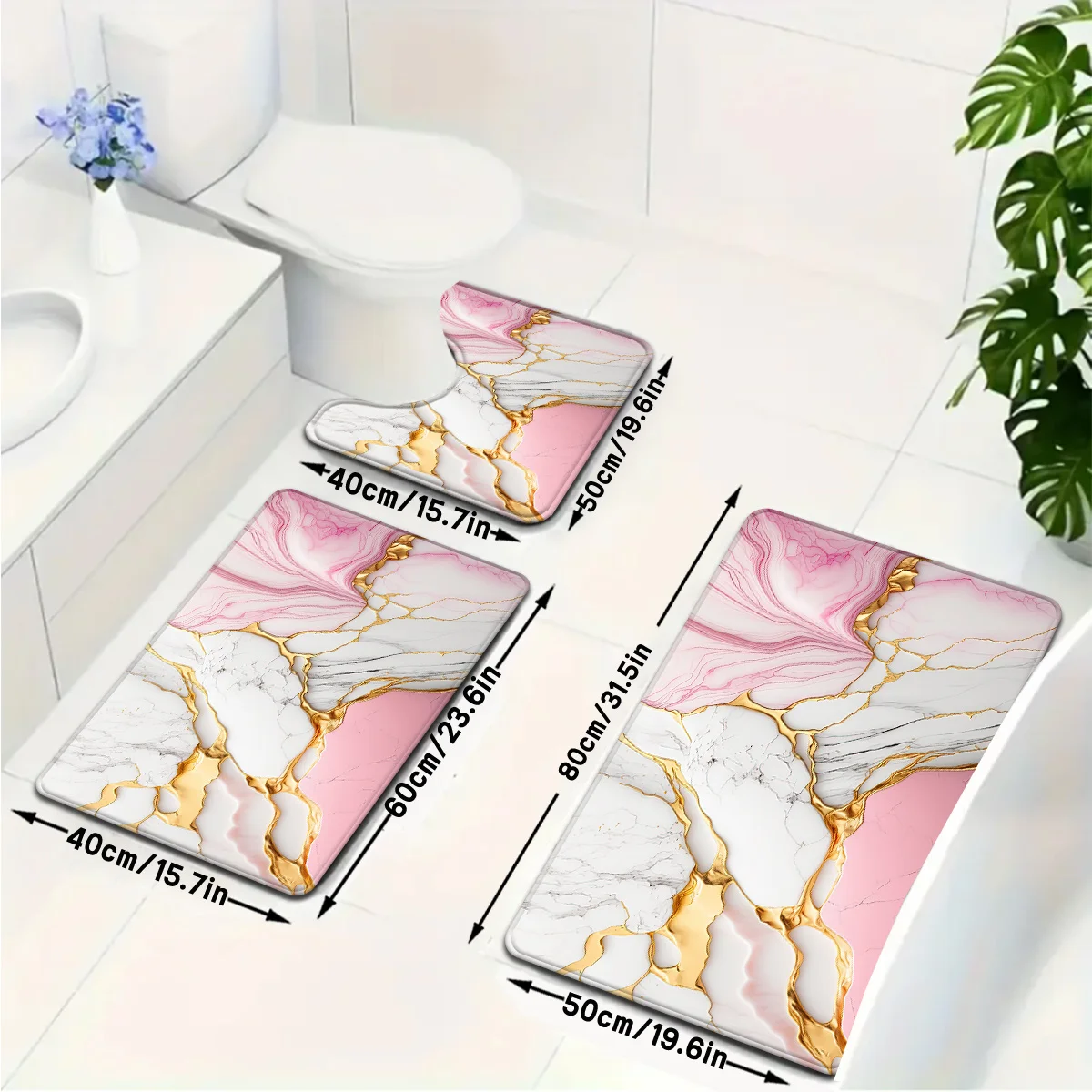 

Elegant Pink Marble Bath Mat Set Luxury Gold Vein Waterproof Non Slip Bathroom Rug Home Decor Accent Mat