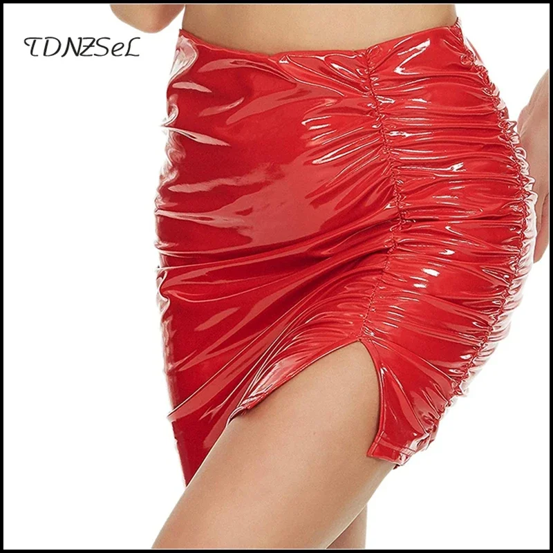 Women Shiny Faux Leather Pleated Skirts Mini Bodycon Folds Pencil Skirts Short PU Skirts Hems Side Split Summer Support Custom