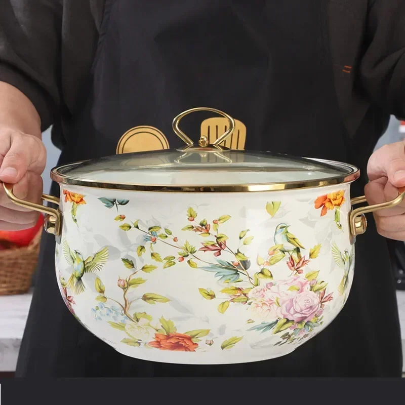 

Arrived Enamel Cooker Bird Song Flower Fragrance Double Ear Stewing Pot Thick Soup Pan For Electric Stove And Gas