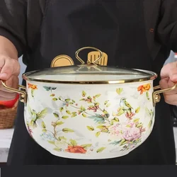 Arrived Double Ear Enamel Stew Pot with Bird Song And Flower Fragrance Thick Soup Pan for Electric And Gas Stove