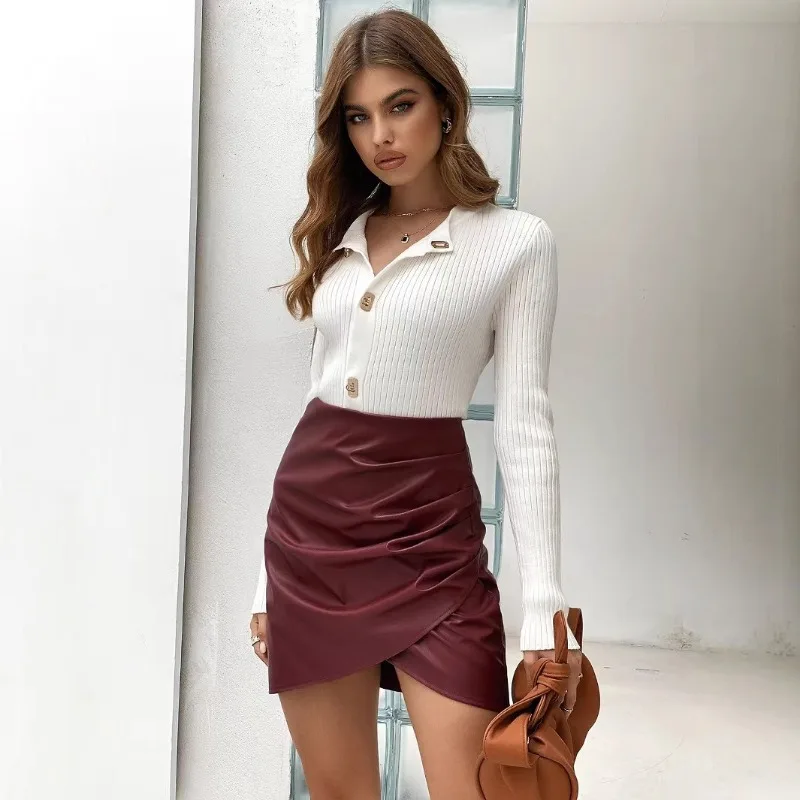 2025Herfst Effen Pu Leer Geplooide Patchwork Slanke Elegante Mini Rok Vrouwen Hoge Taille Onregelmatige Beknopte Kantoor Dame Outfits