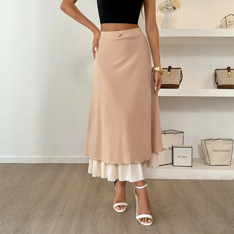 Feminino nova cor sólida botão decoração em camadas fresco doce casual férias rugas resistente se encaixa todos os tipos de corpo a linha saia midi