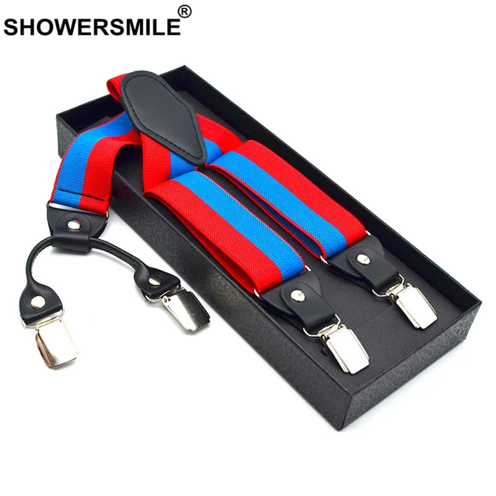 

SHOWERSMILE Suspender Adult Elastic Striped Trouser Strap Red Blue Mens Braces Colorful 4 Clips Fashion Male Suspender 120cm