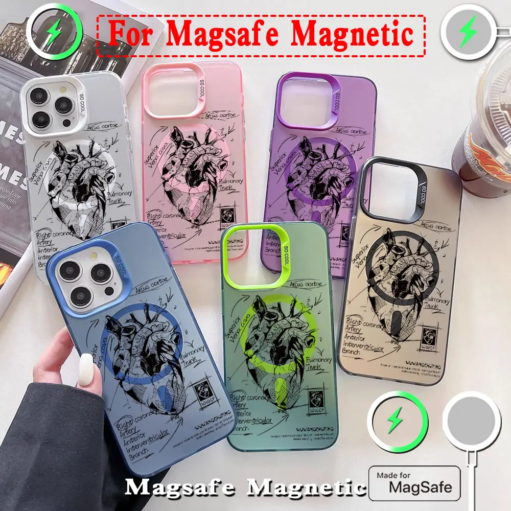 Original Heart Diagram Magsafe Magnetic Phone Case for IPhone 11 12 13 14 15 16 Pro Max Plus Lens Creative Border Plated Cover