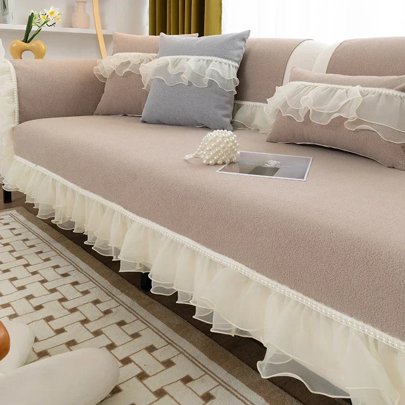 

Soft White Lace Skirt Sofa Covers Slipcovers Sofa Towel Pearl Lines Non-slip Couch Cover for Living Room 1 2 3 4 Seater Sofa