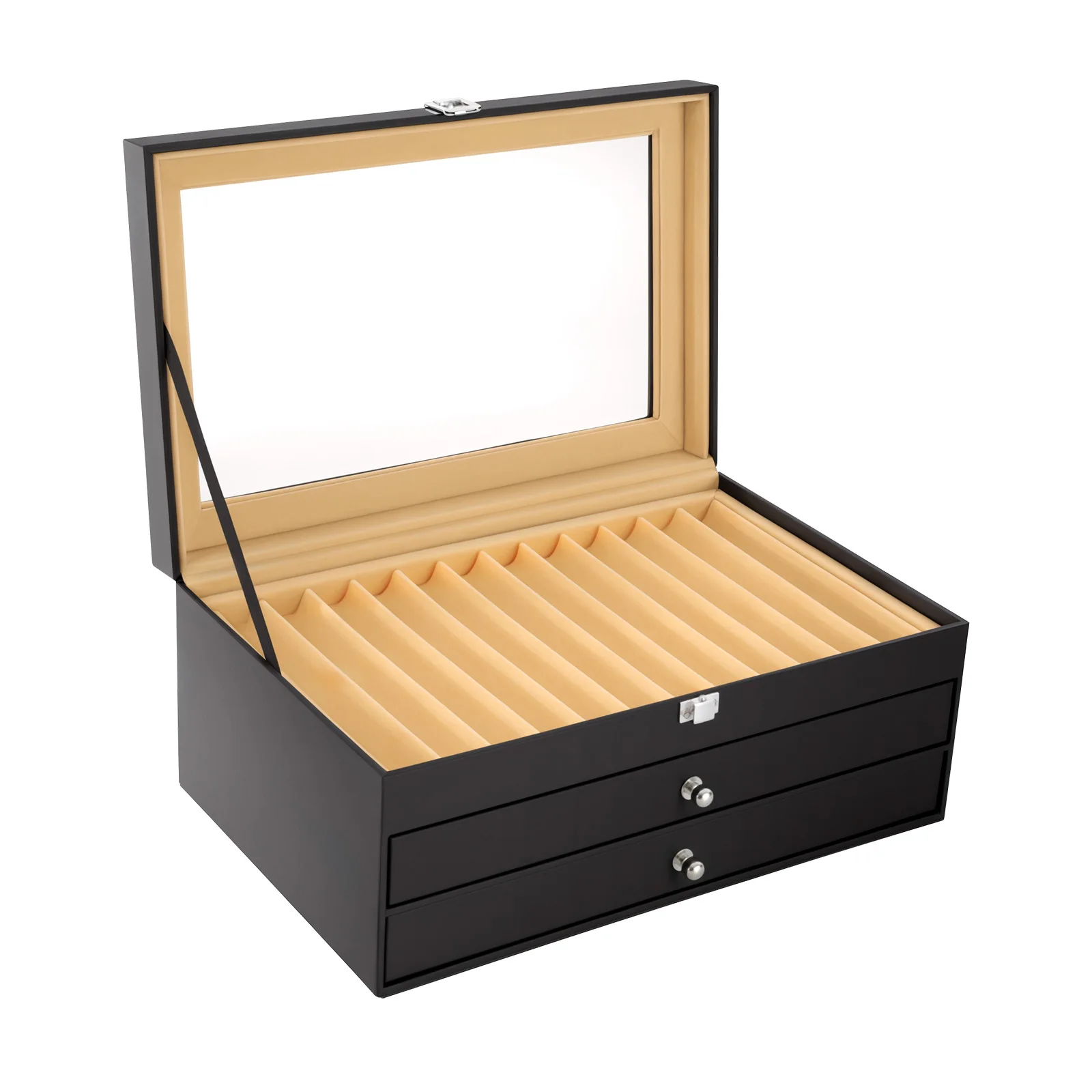 

3-Tier Pen Display Box Desktop Pens Organizer 36-Slots Pen Case Soft PU Surface Black with Drawers