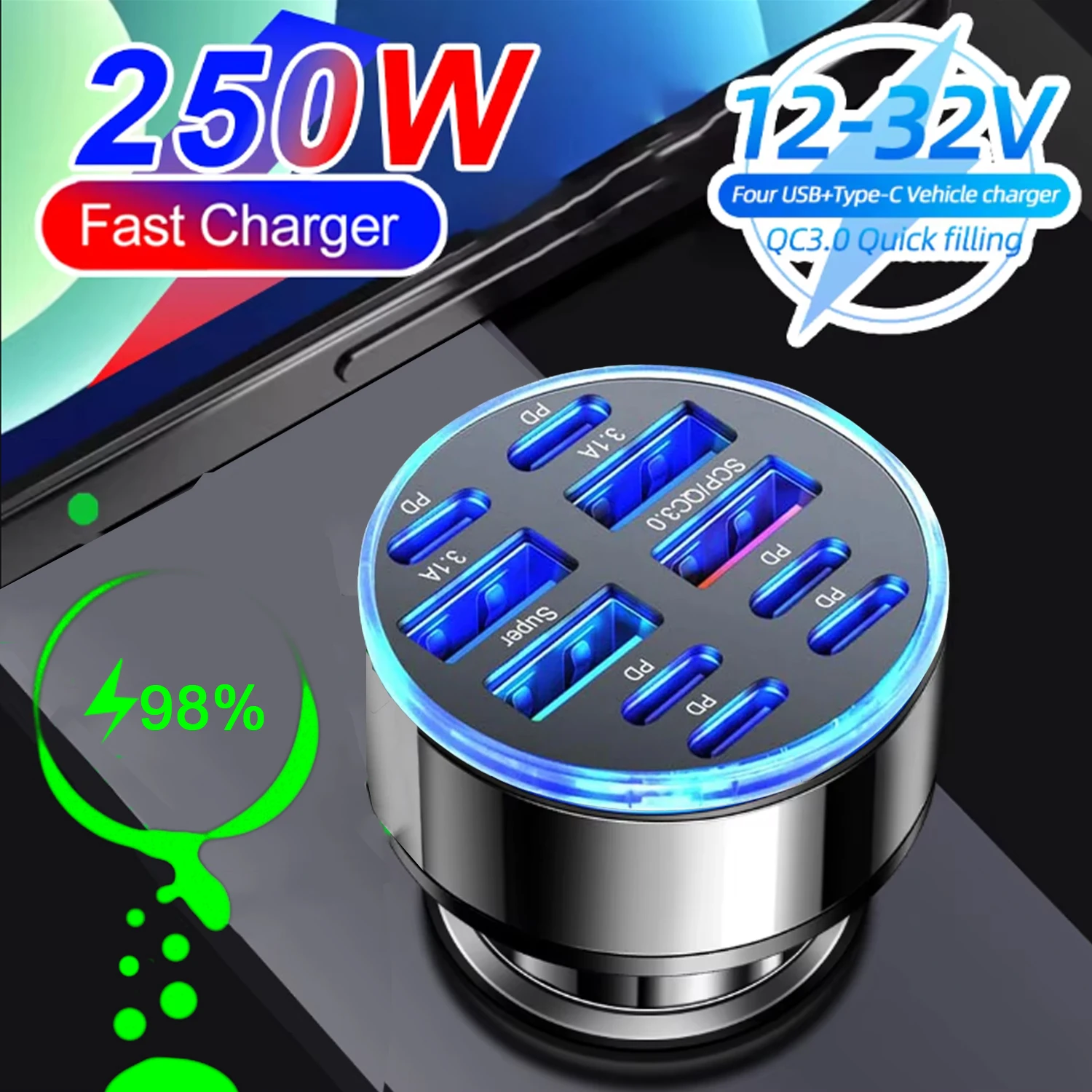 350 W USB-Autoladegerät PD QC3.0 USB C Autotelefon-Ladegerät Typ C-Adapter 10 Anschlüsse für iPhone Samsung Huawei Xiaomi Schnellladung