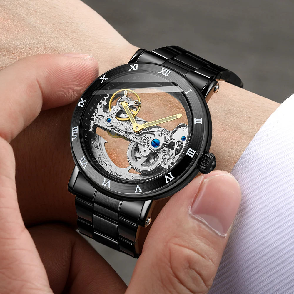 

New Original Brand Luxury Hollow Steel Skeleton Automatic Movement Man Watch Mechanical Clockwork Waterproof Men's Wrist Watches