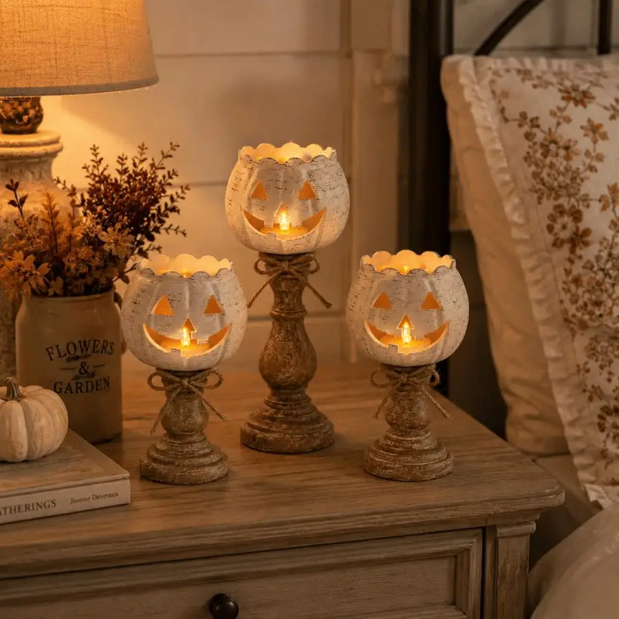 3 Sizes Layered White Pumpkin Pedestal Candle Holders, Distressed Finish Jack O Lantern Tealight Holders For Standard Tea Light Candles, Rustic Farmhouse Indoor Table Centerpiece Decor For Fall Halloween Thanksgiving Party Home Display Gift